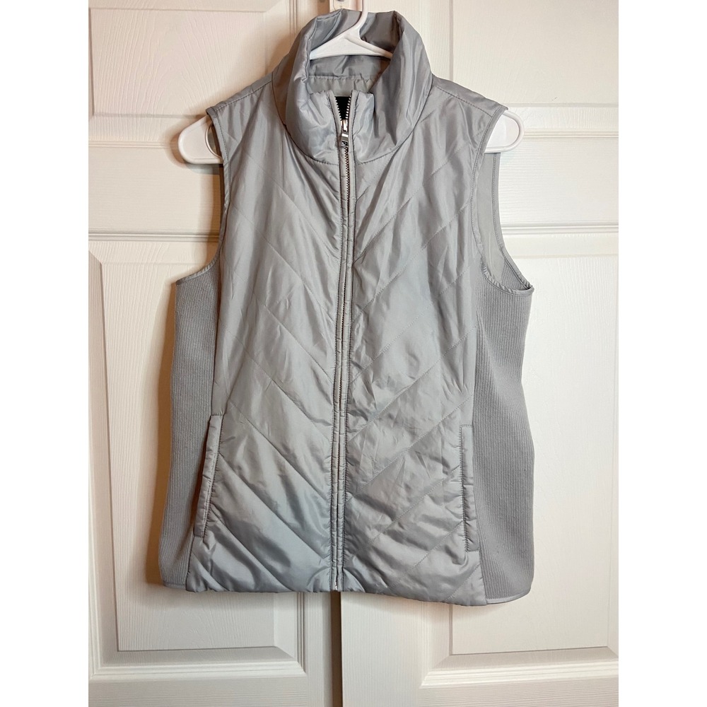 Ann Taylor Factory Women Gray Quilted Puffer Vest Ribbed Side Panels Size S